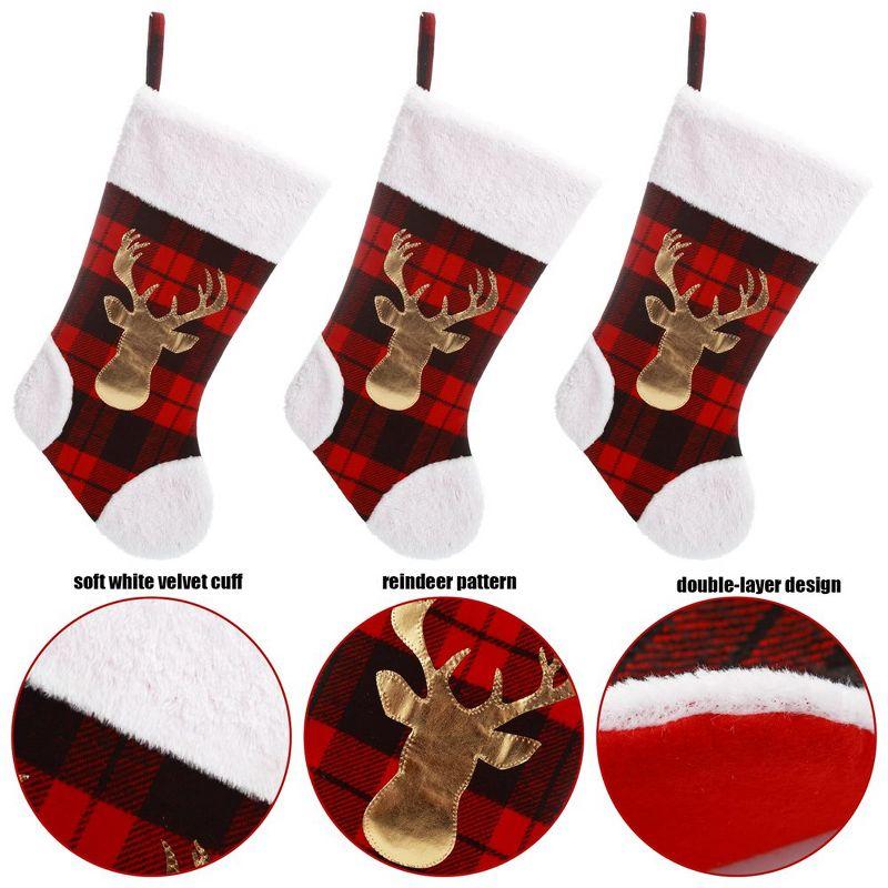 20" Large Christmas Stockings, 3 Pack Red Buffalo Plaid Xmas Stockings with Elk Pattern