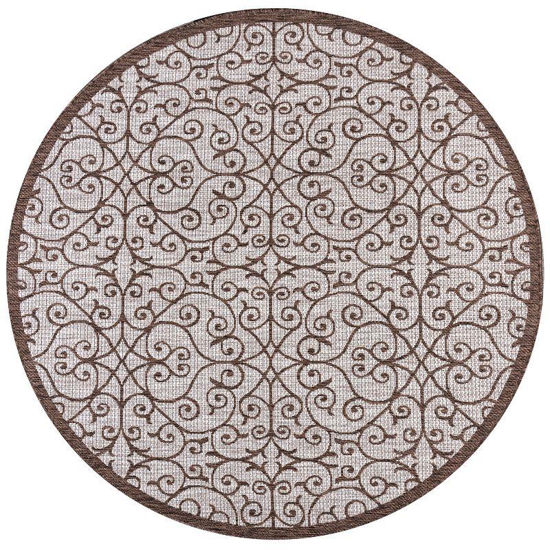 5' Round Madrid Vintage Filigree Textured Weave Indoor/Outdoor Area Rug, Taupe/Espresso - JONATHAN Y
