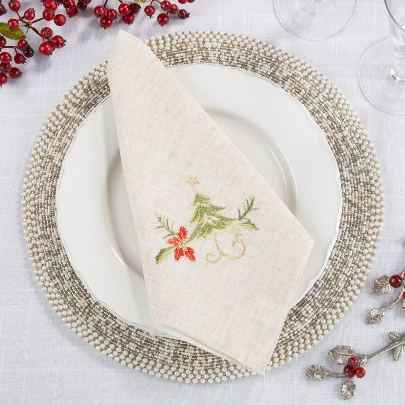 Natural Embroidered Christmas Tree Design Linen Blend Napkin Set