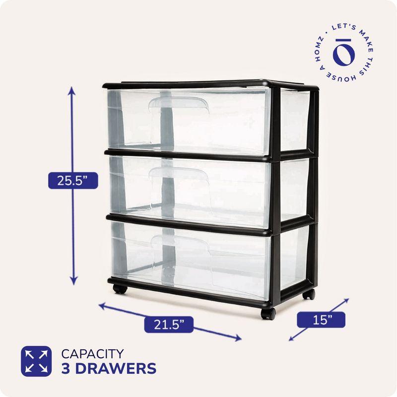 Homz Tall Solid Plastic 3 Drawer Medium Storage Cart with Caster Wheels for Living Room, Kitchen, Bedroom, Bathroom, and More