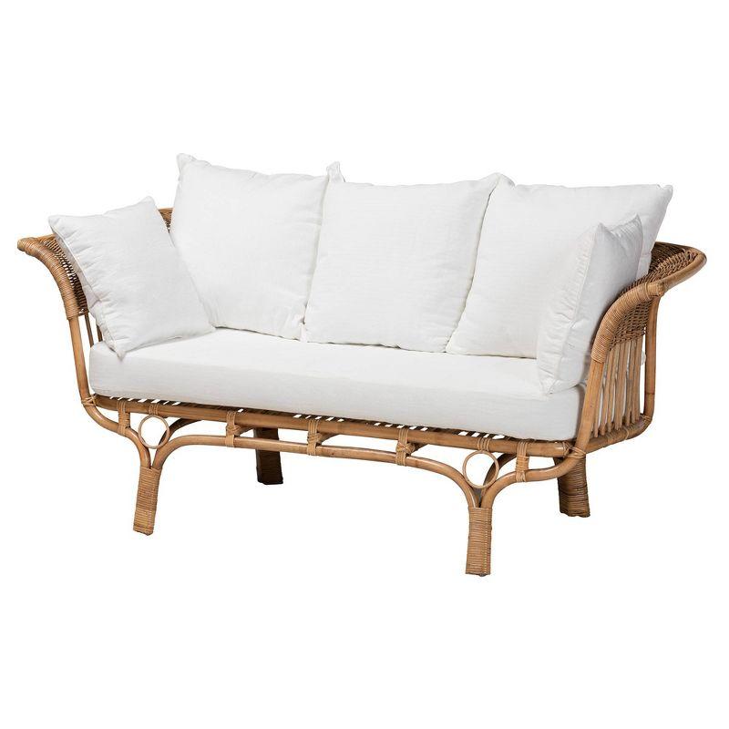 Edana Natural Rattan Sofa with Cushion White/Natural Brown - bali & pari: Bohemian Style, Polyester Upholstery, No Assembly Required