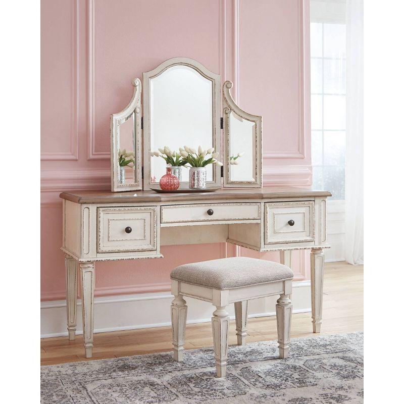 Rustic White 3-Drawer Vanity Set with Bench and Mirror