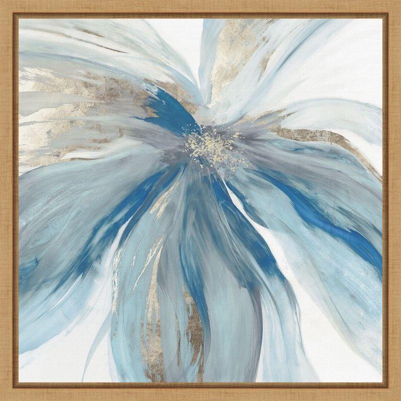 Blue and Gold Abstract Floral Canvas Print with Wooden Frame