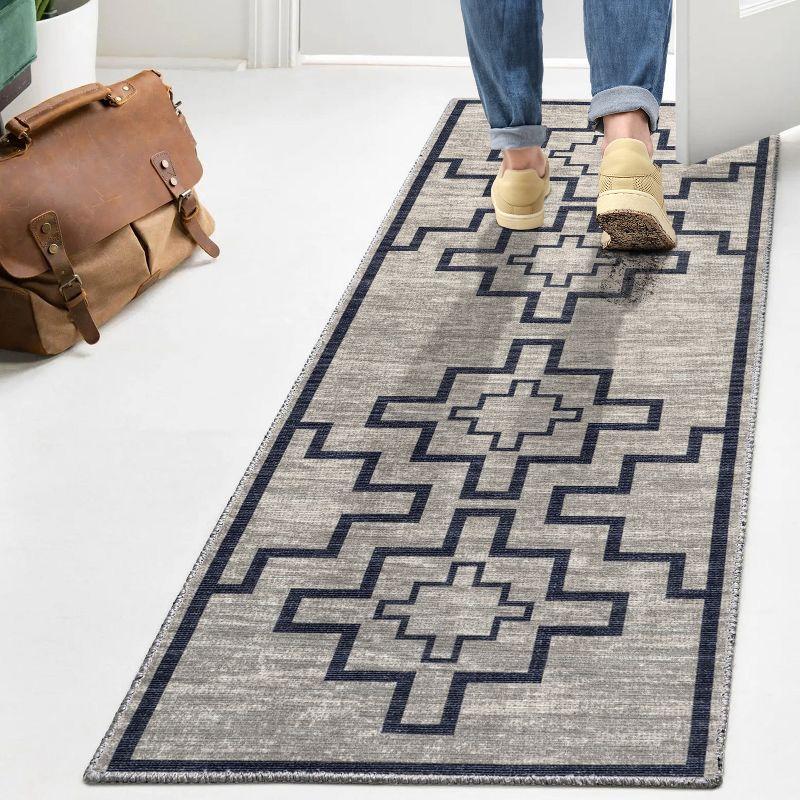 Ivory and Dark Gray Geometric Synthetic 2x8 Runner Rug