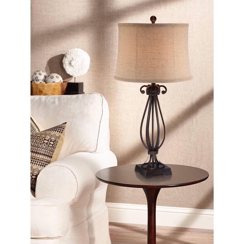 Regency Hill Taos Traditional Table Lamp 32" Tall Iron Open Scroll Base Neutral Burlap Shade for Bedroom Living Room Bedside Nightstand Office Kids