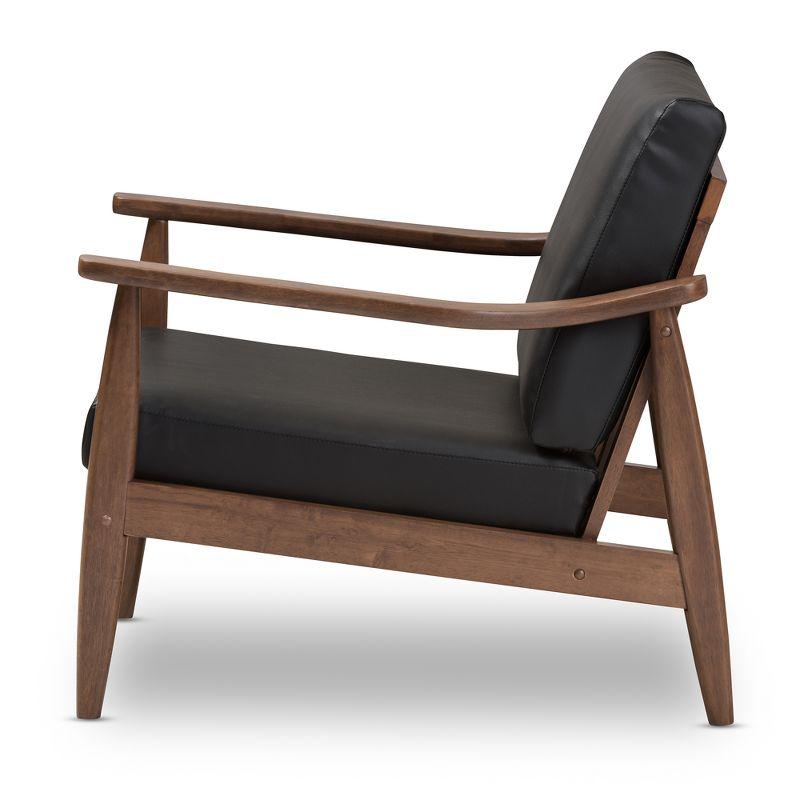 Venza Mid-Century Modern Lounge Chair in Black Faux Leather & Walnut