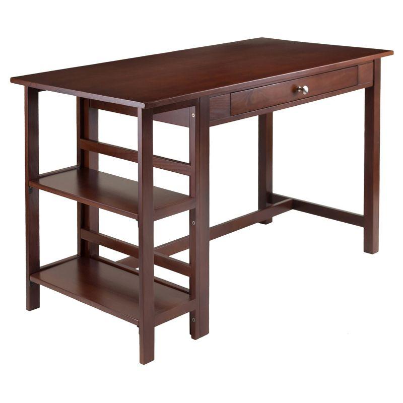 Transitional Walnut Wood Home Office Desk with Drawer and Shelves