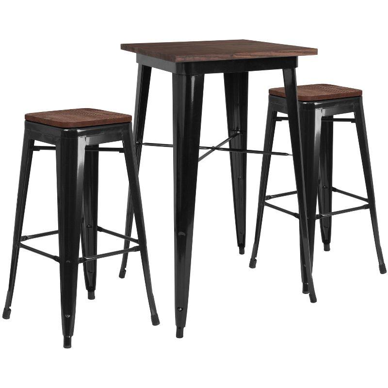 Industrial Black Metal Bar Table Set with Elm Wood Top and 2 Backless Stools