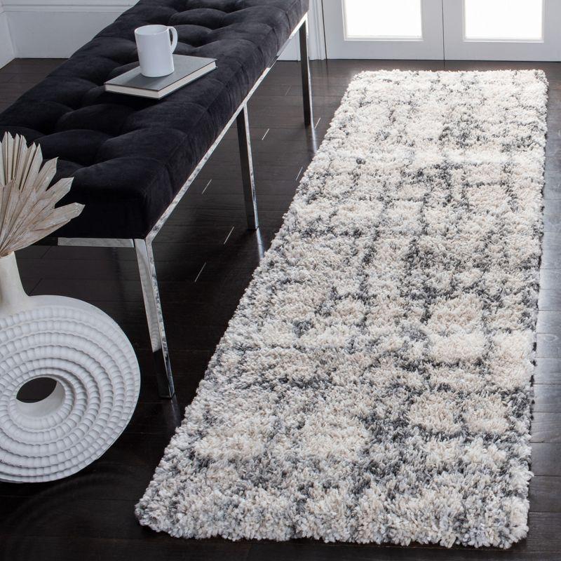 Ivory and Grey Hand-knotted Shag Runner Rug