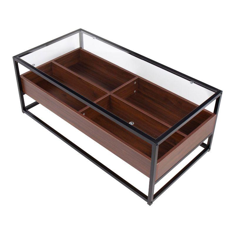 Contemporary Black Steel and Walnut Wood Coffee Table with Clear Glass Top