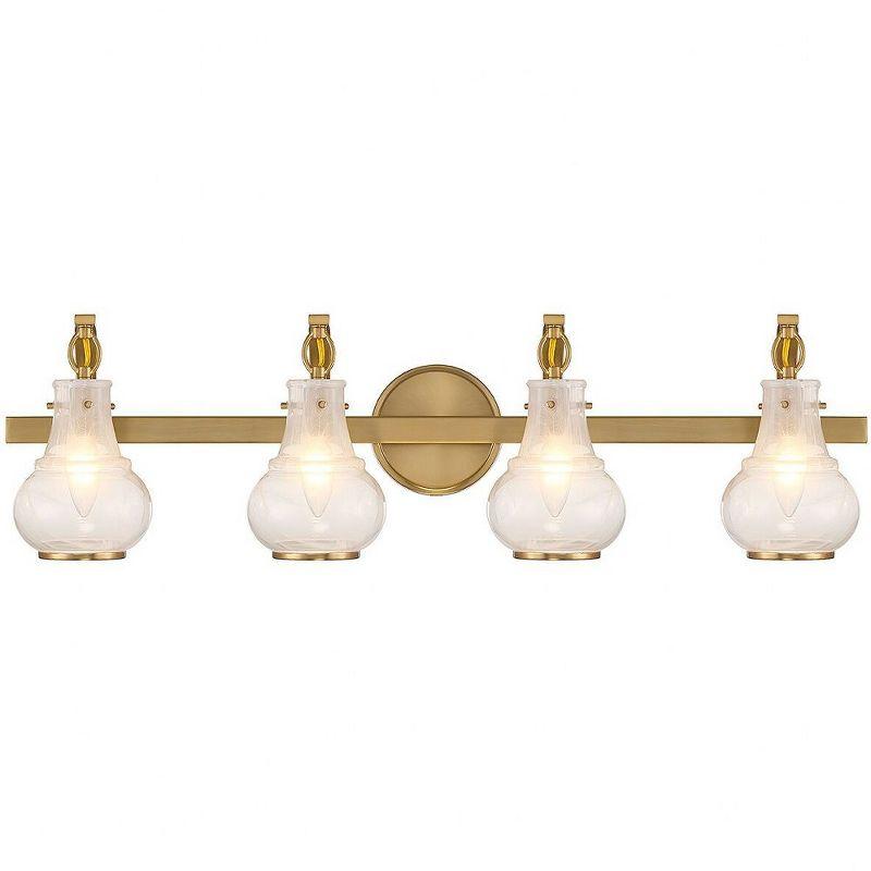 Warm Brass 4-Light Vanity with White Strie Glass Shades