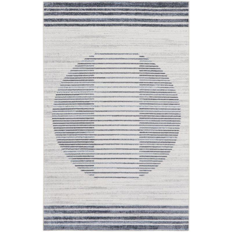 Nourison Astra Machine Washable Stripe Circle Mid-Century Modern Indoor Rug Ivory Blue 2'2" x 4'