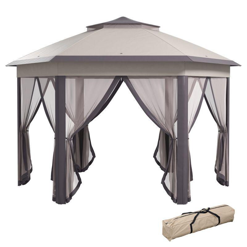 Hexagonal Coffee and Beige Steel Frame Pop-Up Gazebo with Mesh Netting