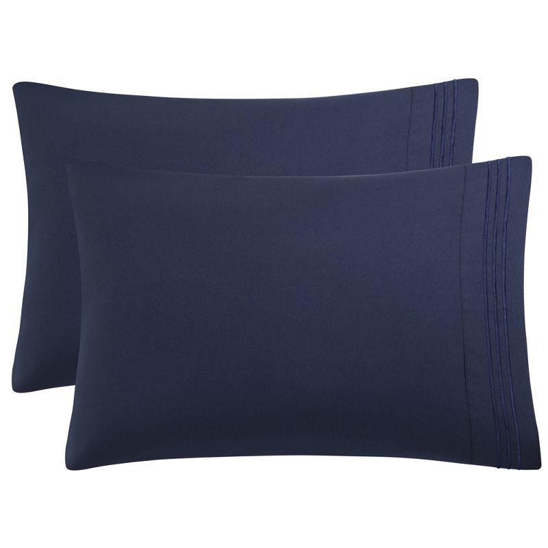 Navy Standard Size Brushed Microfiber Embroidered Pillow Cases Set