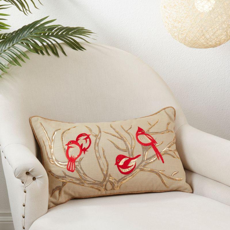 Saro Lifestyle Embroidered Bird + Branch Pillow - Poly Filled, 14"x22" Oblong, Natural