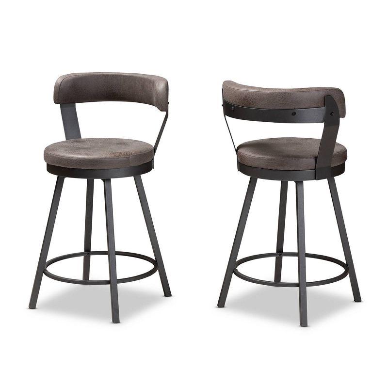 Set of 2 Arcene Faux Leather Upholstered Pub Counter Height Barstools Gray/Black - Baxton Studio: Polyester, Metal Frame, Curved Back