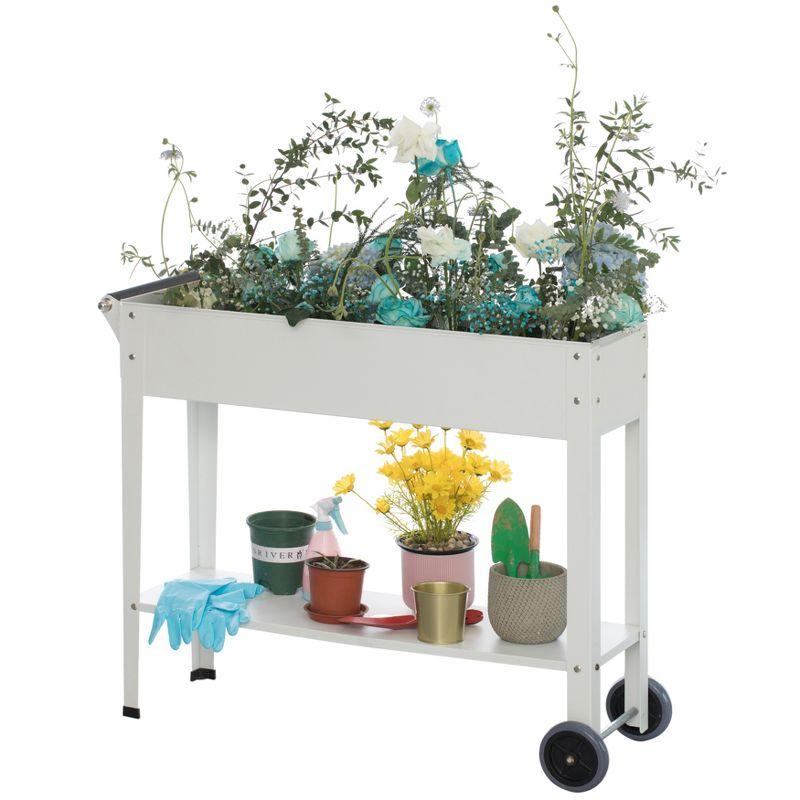 Elevated White Metal Mobile Planter Cart with Storage Shelf