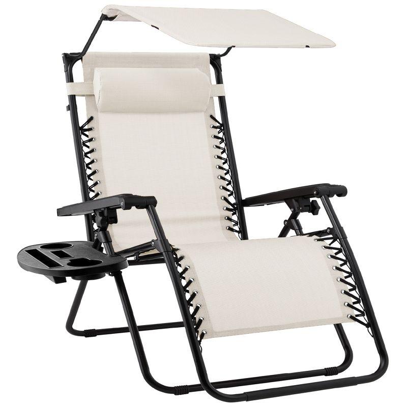 Ivory Folding Zero Gravity Outdoor Recliner with Canopy and Tray