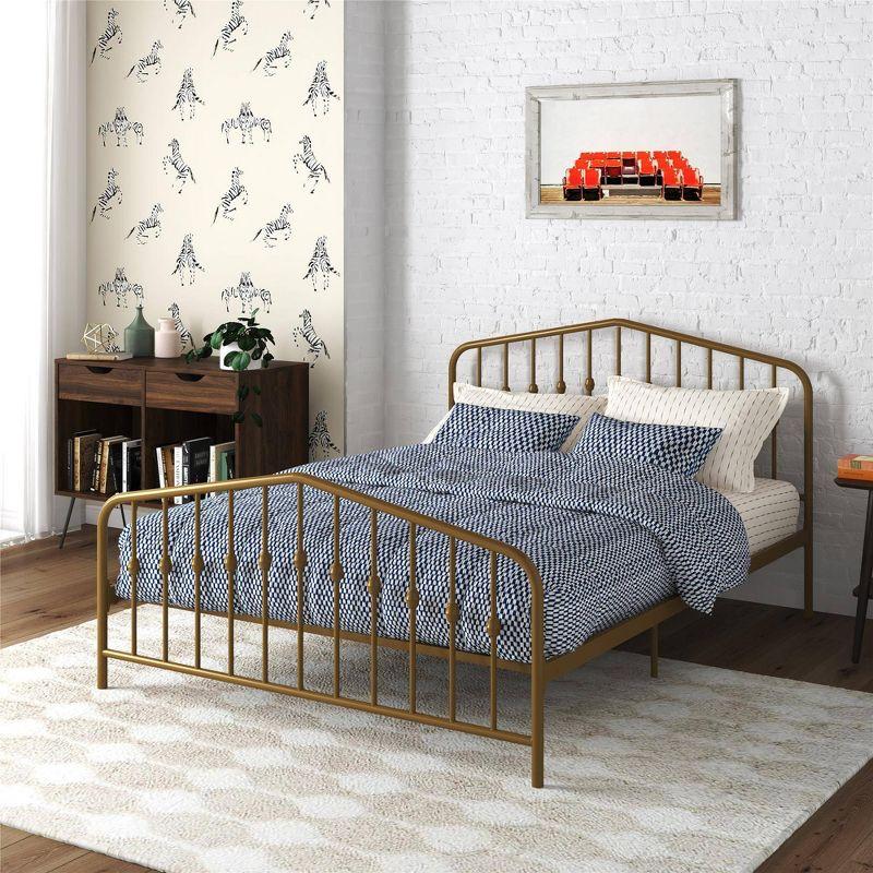 Bushwick Queen Gold Metal Platform Bed with Round Finials and Storage Drawer