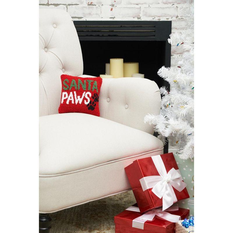 Santa Paws Christmas with Paw Prints on Red Background Petite Accent Hooked Throw Pillow