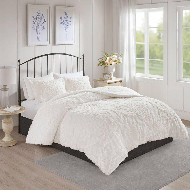 Viola Tufted Cotton Chenille Damask 3 Piece Comforter Set