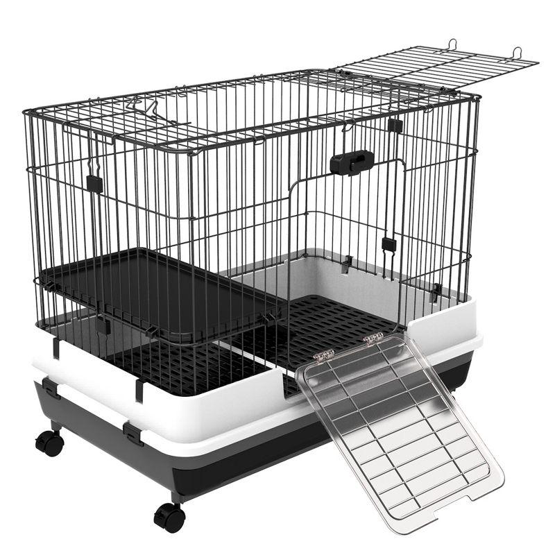 PawHut 2-Level Small Animal Cage Rabbit Hutch with Wheels, Removable Tray, Platform and Ramp for Bunny, Chinchillas, Ferret, Black