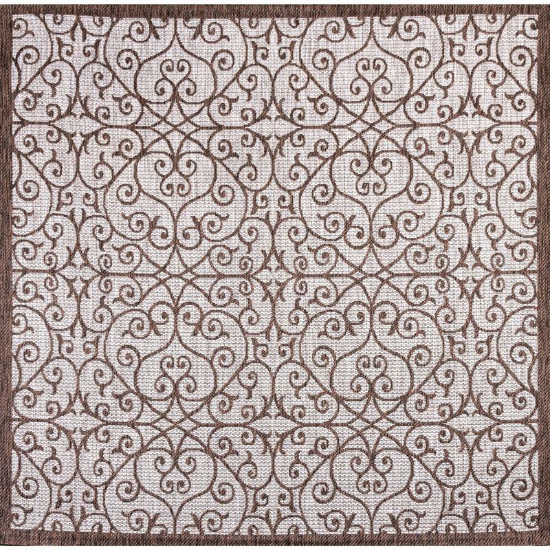 5' Square Madrid Vintage Filigree Textured Weave Indoor/Outdoor Area Rug, Taupe/Espresso - JONATHAN Y