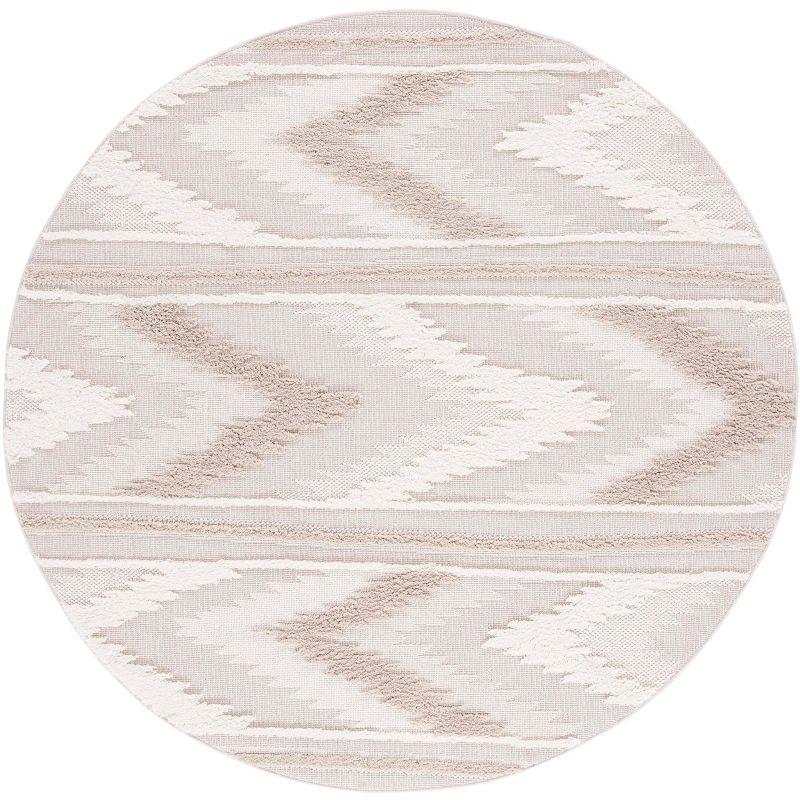 Ivory Geometric Chevron 6'7" Round Area Rug in Synthetic Weave