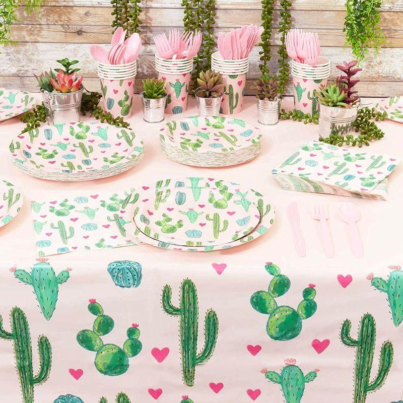 Sparkle and Bash 3 Pack Pink Plastic Cactus Tablecloth for Let's Fiesta Birthday Party Decorations, Baby Shower, 54x108 In