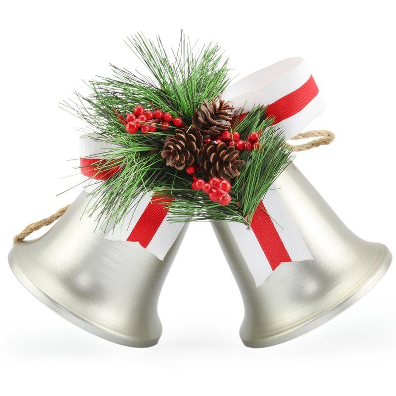 Vintage Silver Metal Christmas Bells with Pine and Berries