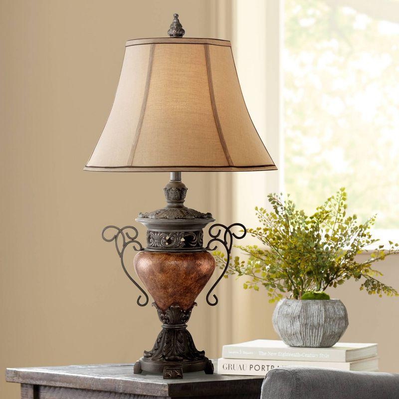 Regency Hill Traditional Table Lamp 31.5" Tall Bronze Crackle Urn Faux Silk Bell Shade for Living Room Family Bedroom Bedside Nightstand