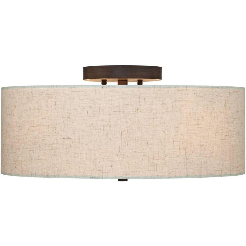 Regency Hill Sylvan Modern Ceiling Light Flush Mount Fixture 18" Wide Bronze 4-Light Oatmeal Fabric Drum Shade for Bedroom Kitchen Living Room Hallway