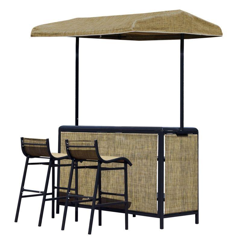 Outsunny 3 Piece Outdoor Bar Set for 2 with Canopy, Rectangular Table with Storage Shelves & Two Bar Chairs, Breathable Mesh