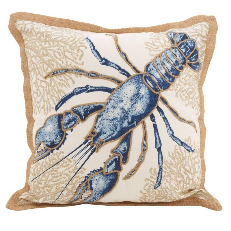 Neptunian Blue Lobster 27" Square Cotton Throw Pillow with Fringe