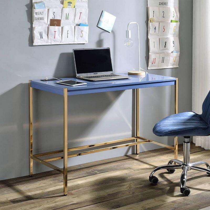 42" Midriaks Writing Desk Navy Blue/Gold Finish - Acme Furniture: Chic Office Furniture with USB Ports