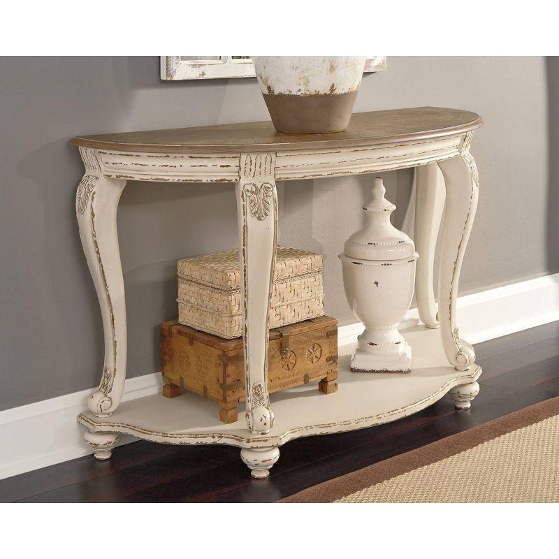 Realyn Demilune Sofa Table with Storage in Distressed White/Brown