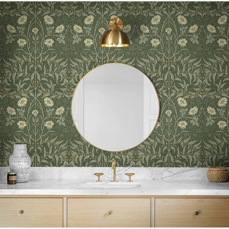 NextWall Stenciled Floral Peel and Stick Wallpaper Green: Vintage Botanical Vinyl, Self-Adhesive, Repositionable, 30.75 Sq Ft Coverage