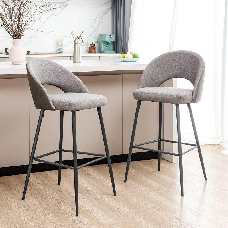 Contemporary Dark Gray Leatherette Barstool with Matte Metal Legs, Set of 2