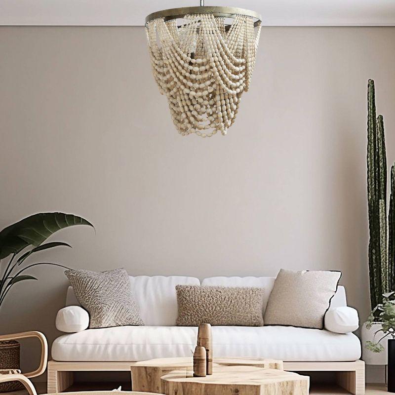 Whitewashed 2-Tier Draped Wood Bead Chandelier with Metal Frame