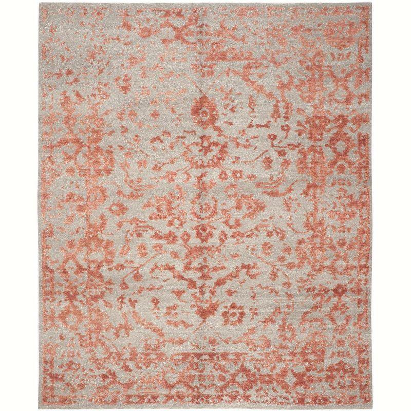 Gray and Red Hand-Knotted Wool Silk Area Rug 8' x 10'