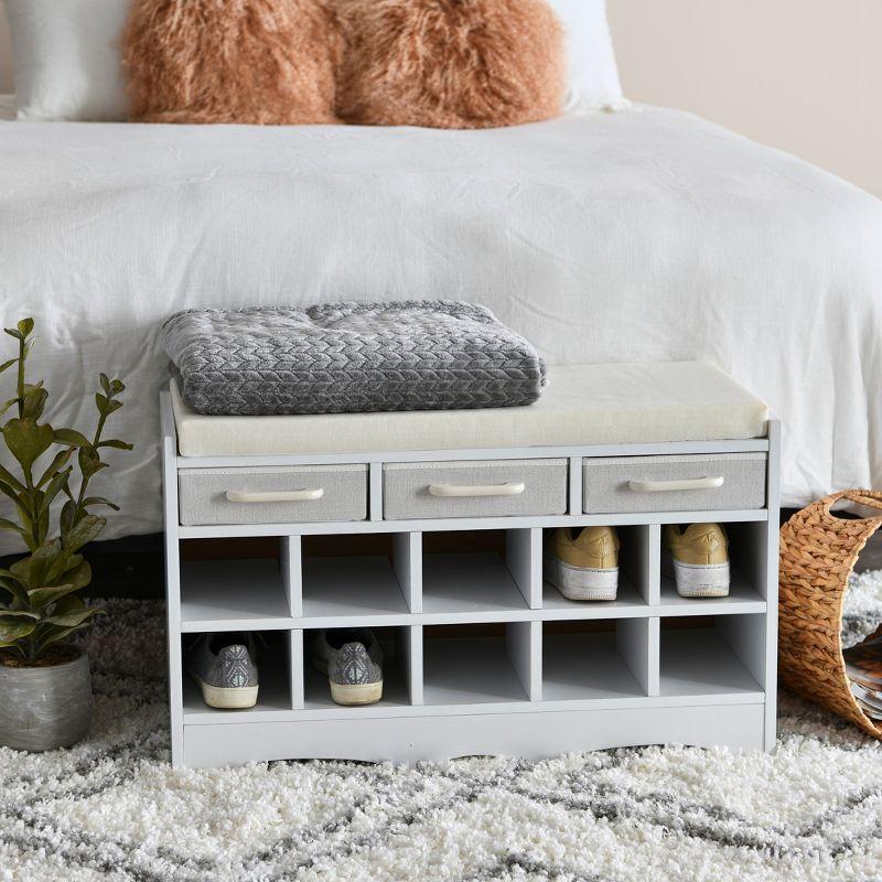 White Entryway Shoe Bench with Drawers and Cushioned Seat