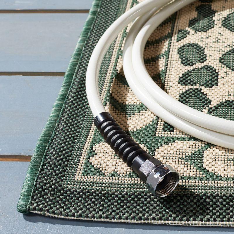 Reversible Dark Green and Ivory Synthetic Square Rug