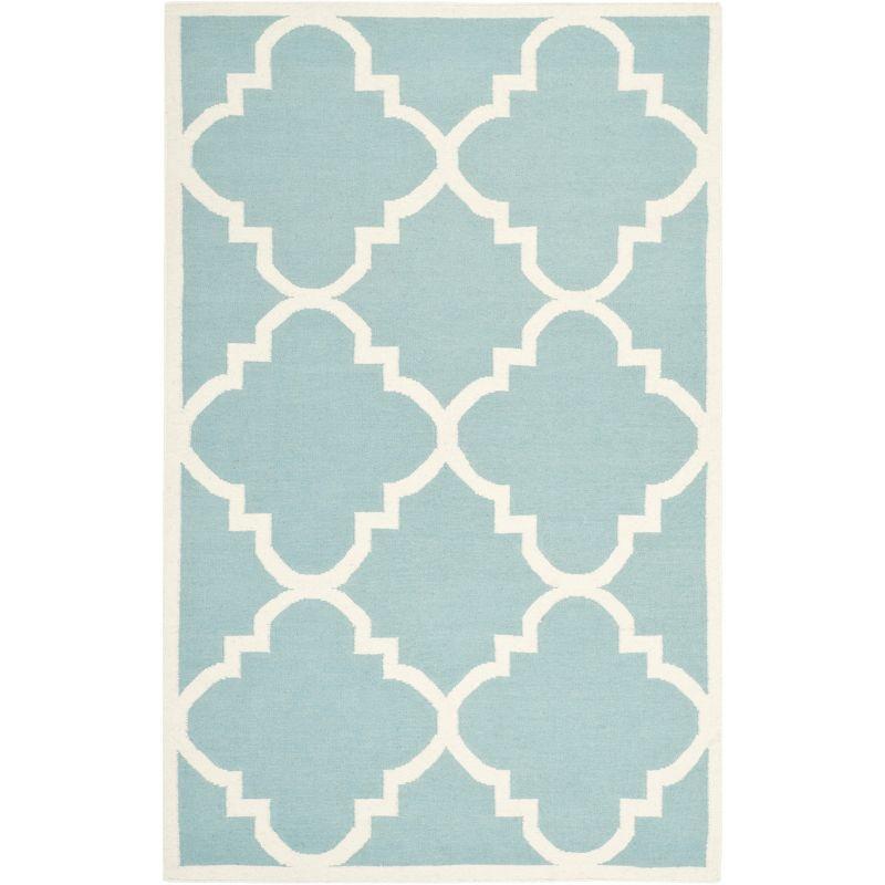 Ivory and Light Blue Geometric Wool Area Rug, 6' x 9'