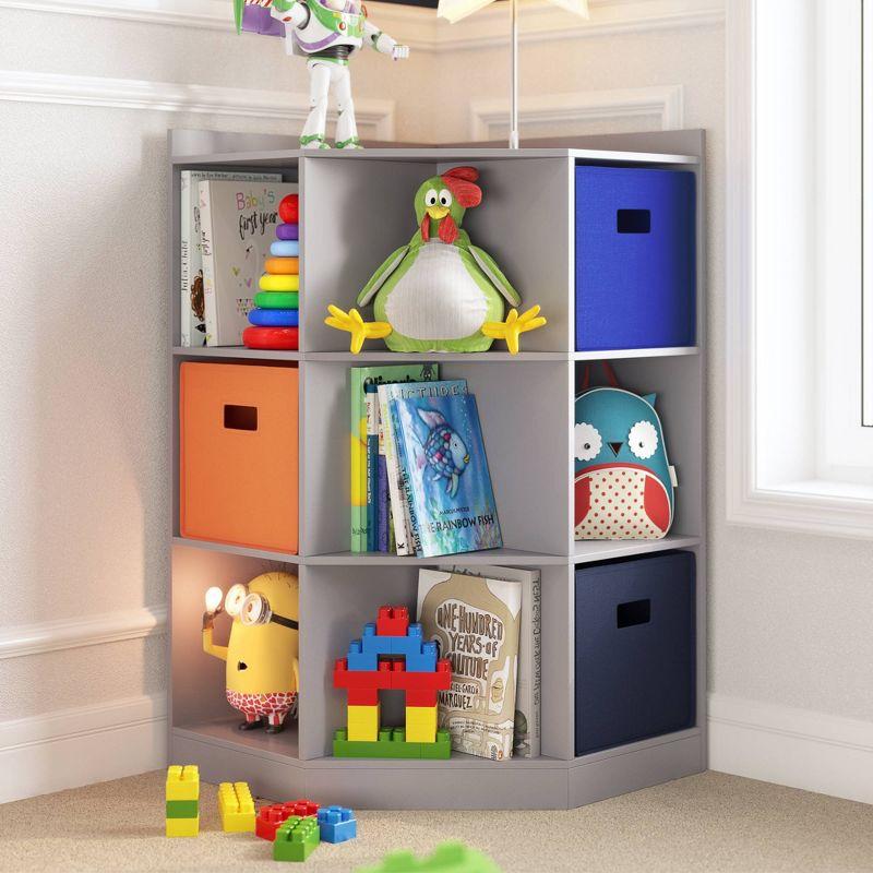 Gray Kids Corner Cabinet with 6 Cubbies and 3 Shelves