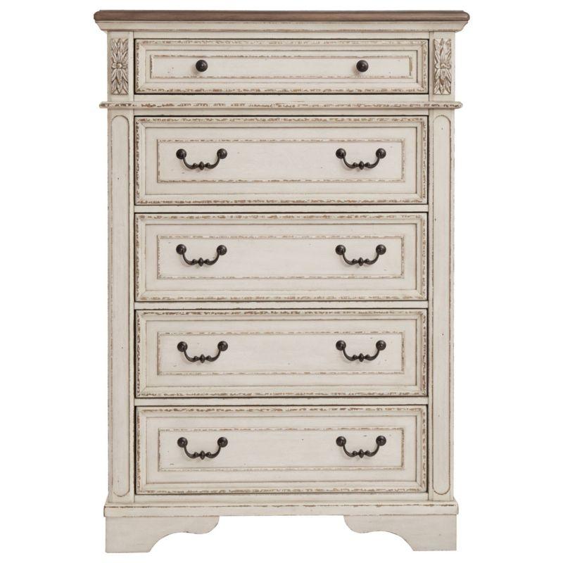 Charming Cottage White 5-Drawer Chest with Distressed Wood Top