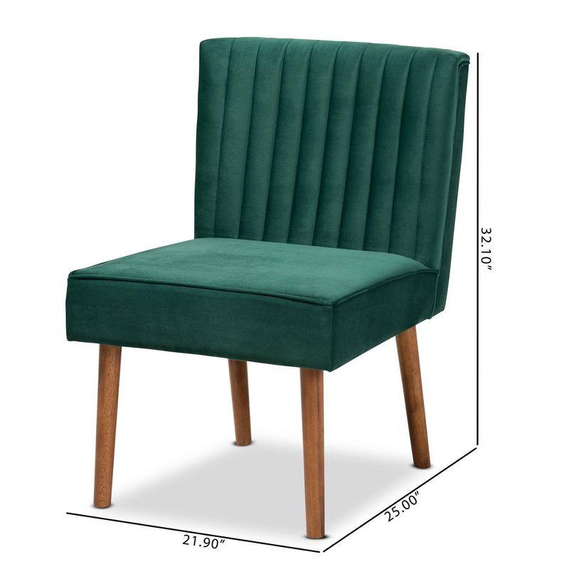 Alvis Velvet Upholstered and Wood Dining Chair Emerald Green/Walnut - Baxton Studio: Channel Tufted, Angled Legs