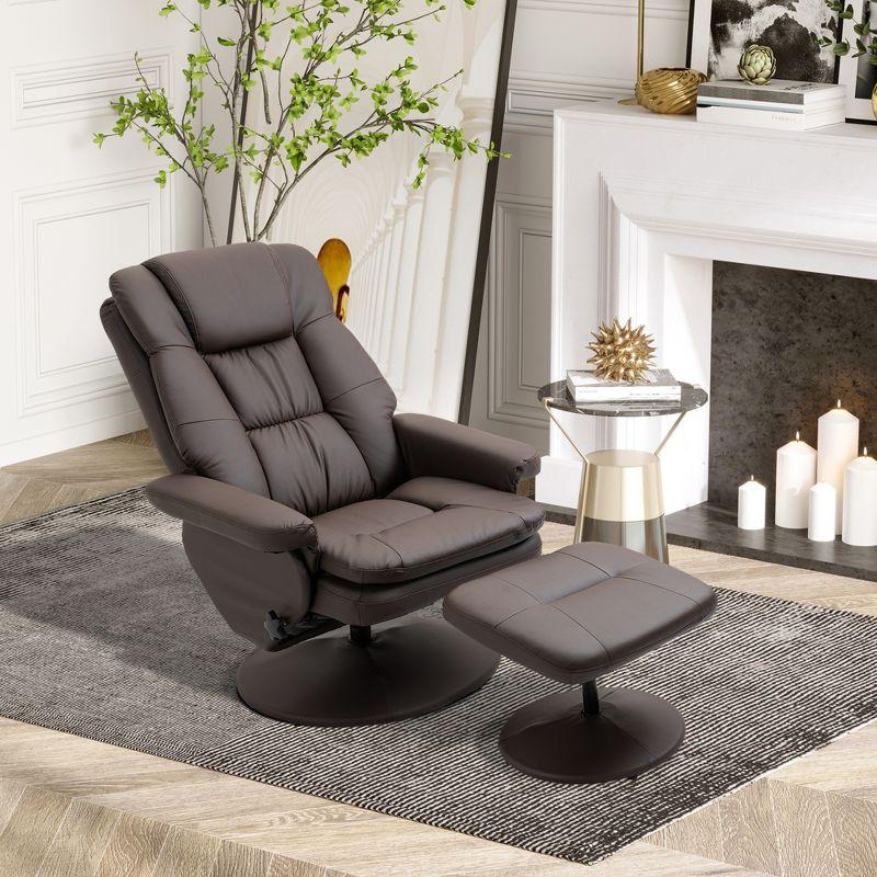 Swivel Brown Faux Leather Recliner with Ottoman and Metal Base