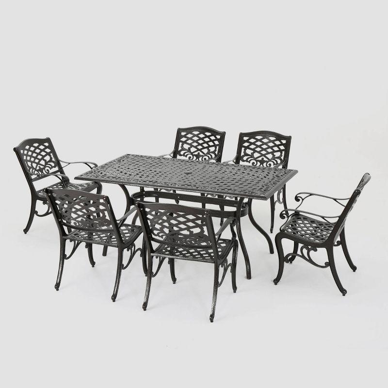 Hallandale Sarasota 7pc Cast Aluminum Dining Set - Hammered Bronze - Christopher Knight Home: Weather-Resistant, 6 Arm Chairs