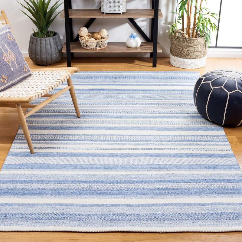 Ivory and Blue Striped 4' x 6' Flat Woven Wool Rug