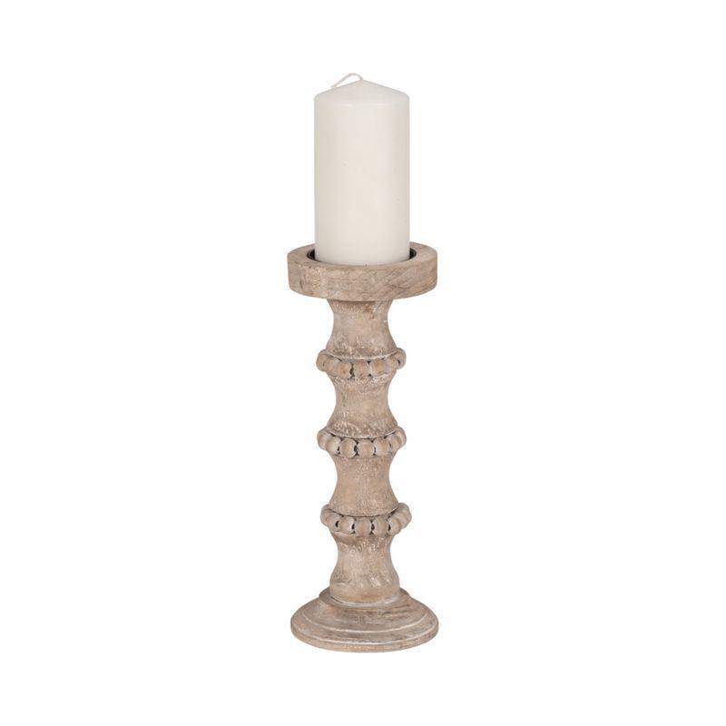 Sagebrook Home Wood Pillar Candle Holder with Decorative Beads, Antique Finish Candlestick for Home or Wedding Decor, Ivory/Beige, 5 L x 5 W x 13 H